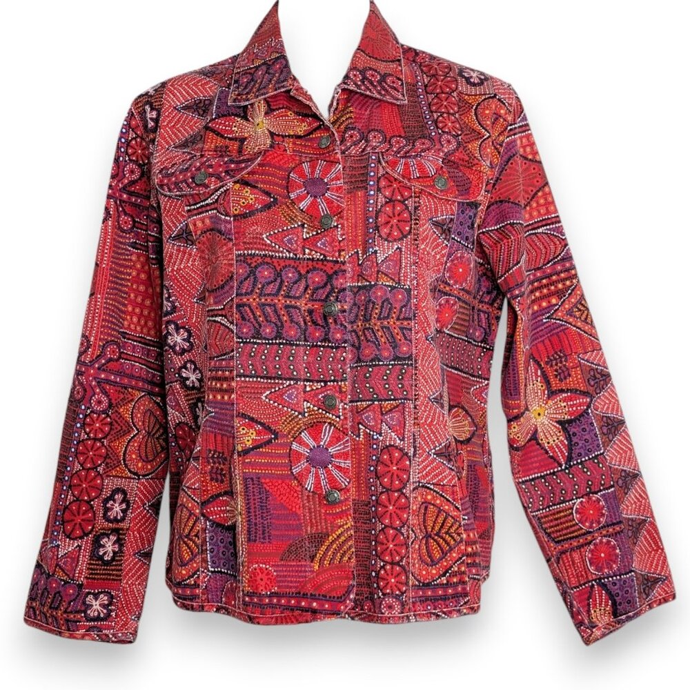 Chico's Red Purple Art To Wear Floral Abstract Stretch Denim Button Up Jacket